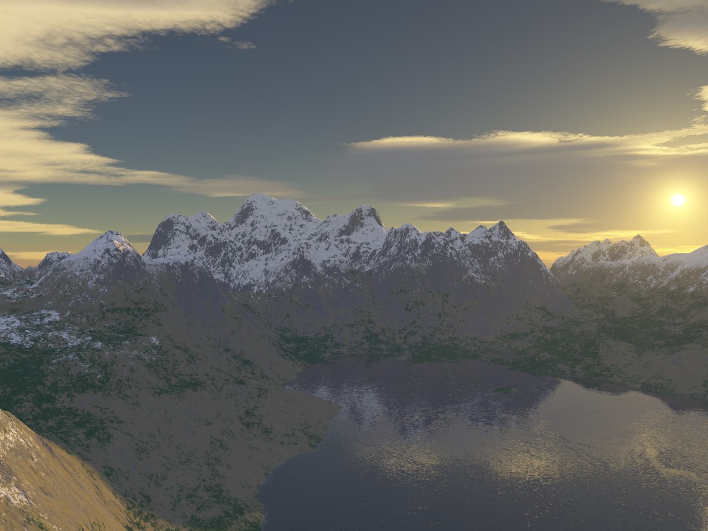scene_dusk.bmp - Same scene as before with the Sun in a setting position shinning through the cloud layers.